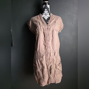 Linen Shirt Dress Brown Short Sleeve Button Down Sz UK 8 EUR 36